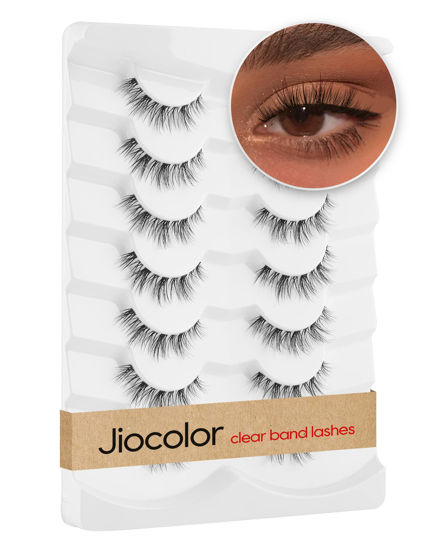 Picture of Jiocolor Lashes Natural Look False Eyelashes Wispy Fluffy Fauk Lashes Mink Short Curly Fake Eyelashes Clear Band Eyelashes Pack 7 Pairs