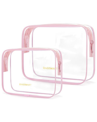 Picture of BAGSMART Clear Toiletry Bag, 2 Pack TSA Approved Travel Toiletry bag Carry on Travel Accessories Bag Airport Airline Quart Size Bags Water Repellent Makeup Cosmetic Bag for Women (Pink-2pcs)