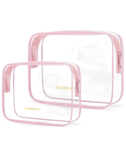 Picture of BAGSMART Clear Toiletry Bag, 2 Pack TSA Approved Travel Toiletry bag Carry on Travel Accessories Bag Airport Airline Quart Size Bags Water Repellent Makeup Cosmetic Bag for Women (Pink-2pcs)