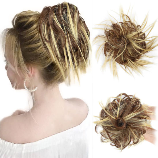 Picture of HMD Tousled Updo Messy Bun Hairpiece Hair Extension Ponytail with Elastic Rubber Band Updo Ponytail Hairpiece Synthetic Hair Extensions Scrunchies Ponytail Hairpieces for Women (Tousled Updo Bun,86H10#(Light Blonde & Light Brown)