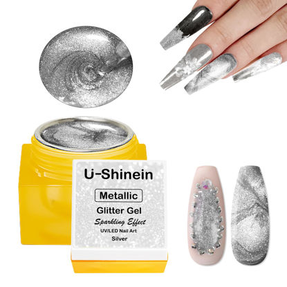 Picture of U-Shinein 8ml Metallic Glitter Gel Polish, Silver Sparkle Metallic Painting Gel for Nails, 3D Glitter Gel Nail Polish Liner Drawing Gel for UV/LED DIY Nail Art Manicure