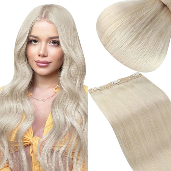 Picture of Sunny One Piece Human Hair Extensions Platinum Blonde Clip in Extensions Blonde Real Human Hair One Piece Extensions White Blonde 3/4 Full Head #60 70g