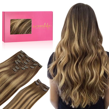 Picture of WENNALIFE Clip in Hair Extensions, 150g 14 Inch 9pcs Balayage Chocolate Brown to Honey Blonde Human Hair Extensions Thicker Clip in Hair Extensions Real Human Hair Clip Set Double Weft