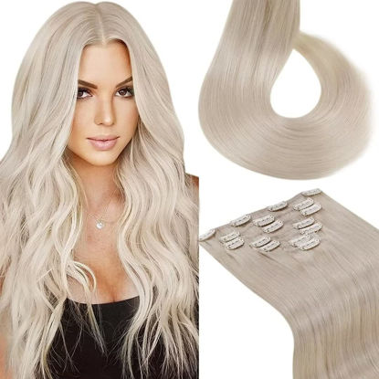 Picture of LAAVOO Blonde Clip in Hair Extensions Real Human Hair 18 inch 7pcs/120g Platinum Blonde Hair Extensions Clip ins Human Hair Blonde Straight Real Hair