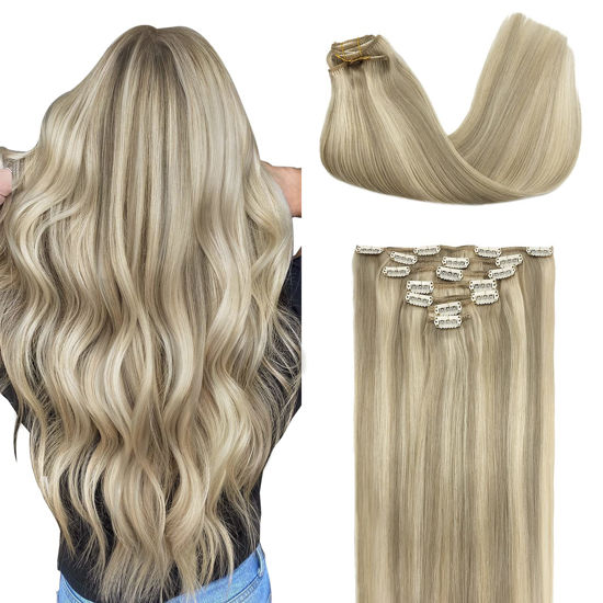 Picture of GOO GOO Clip in Hair Extensions, Ash Blonde Highlighted Platinum Blonde Human Hair Extensions 120g 7pcs 16 Inch Straight Real Natural Hair Extensions Clip in for Women