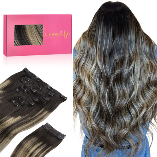 Picture of WENNALIFE Clip in Hair Extensions Real Human Hair, 14 Inch 150g 9pcs Human Hair Extensions Clip In, Balayage Natural Black to Light Blonde Hair Extensions Clip In Real Remy Human Hair