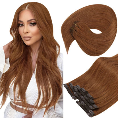 Picture of Sunny Clip In Hair Extensions Human Hair Copper Clip In Real Human Hair Extensions Copper Human Hair Clip In Extensions Invisible Clip On Human Hair Extensions Double Weft 7Pcs 120G 16Inch