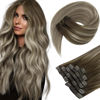 Picture of Sunny Balayage Hair Extensions Clip in Human Hair Dark Brown Ombre Clip in Hair Extensions Balayage Brown Ombre Light Brown Blonde Hair Clip in Extensions Double Weft 16inch