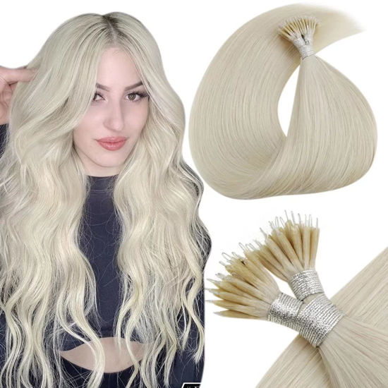 Picture of LAAVOO Platinum Blonde Nano Ring Hair Extensions Human Hair 50g/50s Long Hair Extensions Real Human Hair Nano Loop Hair Extensions 24 in