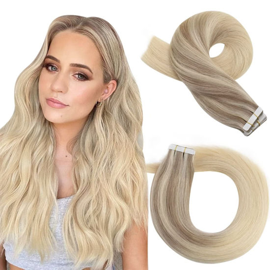 Picture of Moresoo Tape in Extensions Human Hair Ash Blonde to Platinum Blonde Tape in Human Hair Extensions Nordic Tape in Hair Extensions Human Hair Ombre Hair Extensions Tape in #18/22/60 24inch 20pcs 50g