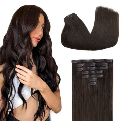 Picture of GOO GOO Seamless Clip In Hair Extensions Remy Real Human Hair Extension with Invisible PU Skin Weft 16inch Light Brown Natural & Thick & Straight Hair Extensions for Women