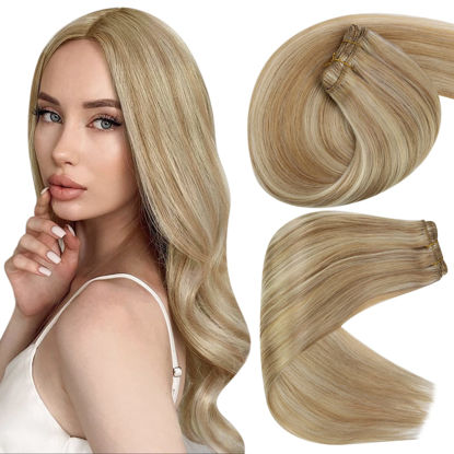 Picture of Sunny Weft Hair Extensions Human Hair Highlights Sew in Blonde Hair Extensions Human Hair Caramel Blonde Highlights Bleach Blonde Human Hair Sew in Extensions Invisible 100g 16inch