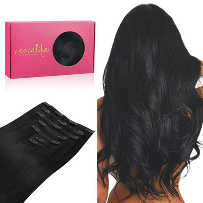 Picture of WENNALIFE 18 Inch 120g 7pcs Jet Black Human Hair Remy Clip in Hair Extensions Natural Human Hair Extensions Double Weft