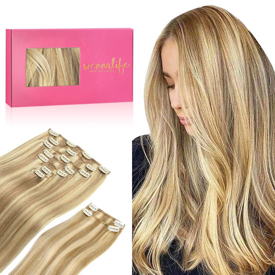 Picture of WENNALIFE Clip in Hair Extensions, 150g 14 Inch 9pcs Light Blonde Highlighted Golden Blonde Human Hair Extensions Thicker Clip in Hair Extensions Real Human Hair Clip Set Double Weft