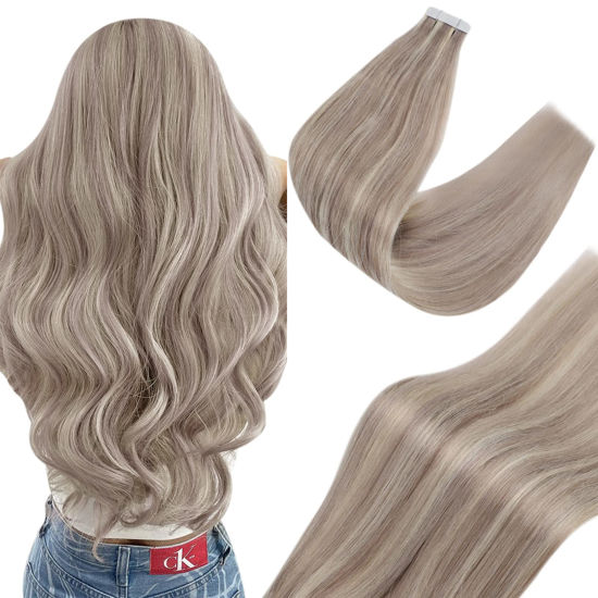 Picture of Sunny Tape in Hair Extensions Blonde Highlights Invisible Real Human Hair Tape in Extensions Ash Blonde Highlights Blonde Tape in Hair Extensions Human Hair Straight 24inch 20pcs 50g