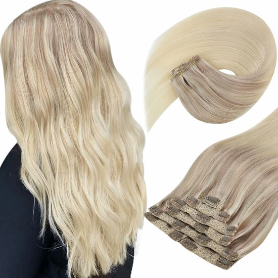 Picture of Sunny Ombre Clip in Hair Extensions Ash Blonde Balayage Platinum Blonde Clip On Hair Extensions Ombre Double Weft Clip in Human Hair Extensions Natural Hair Straight 16inch 7Pcs 120G