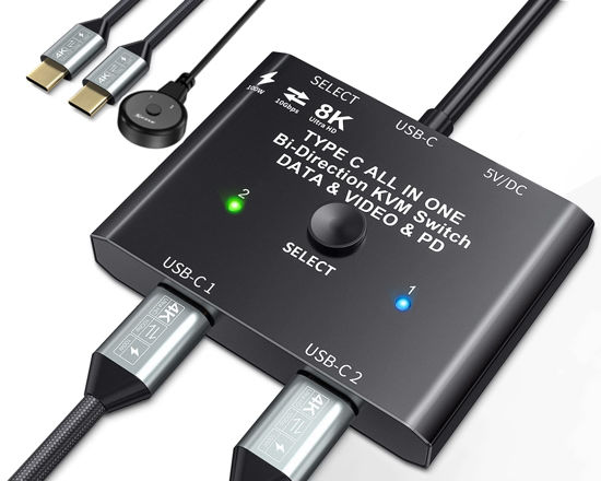 Picture of USB C Switch,Bi-Directional USB C Switcher 2 Computers,MLEEDA USB Type C KVM Switch 8K@60Hz 4K@120Hz Video/10Gbps Data Transfer/100W Charging,Compatible with Thunderbolt Device,2 USB-C Cables Included