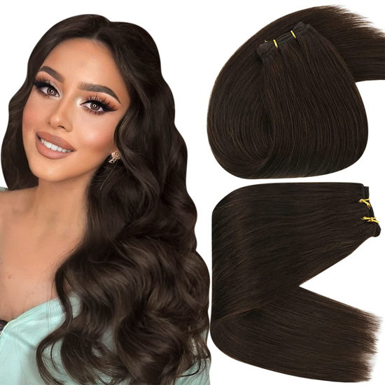 Picture of Sunny Sew in Hair Extensions Human Hair Dark Brown Sew in Extensions Hair Weft Bundles Darkest Brown Weft Hair Extensions Human Hair Glossy Double Weft Sew in Extensions 24inch 100g