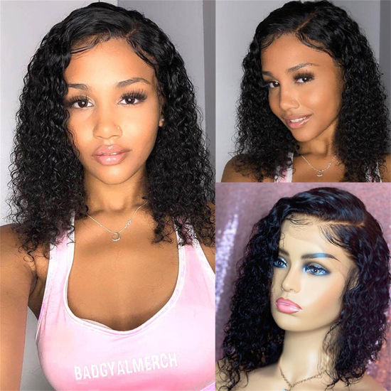 Picture of UCUVIC Curly Lace Front Wig Human Hair Wigs For Black Women 13x4 Jerry Curl HD Lace Front Wigs Human Hair Pre Plucked 180% Density Glueless Frontal Bob Wig Human Hair Replacement Wigs 14 Inch