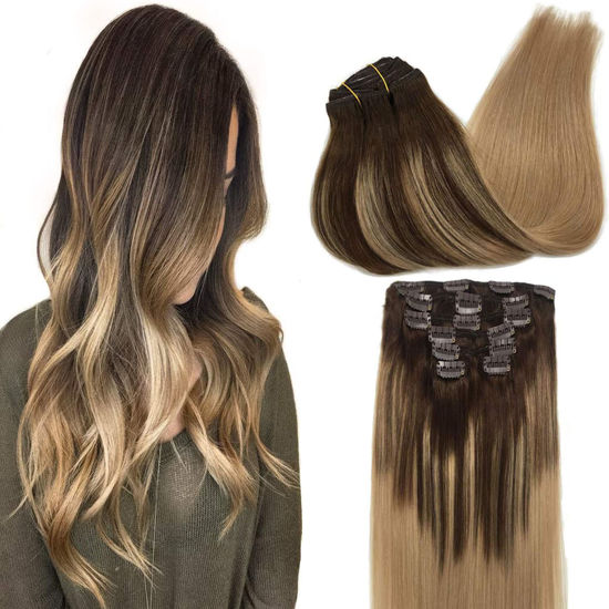 Picture of GOO GOO Clip-in Hair Extensions for Women, Soft & Natural, Handmade Real Human Hair Extensions, Chocolate brown to Dirty Blonde, Long, Straight #T4/18, 7pcs 120g 16 inches