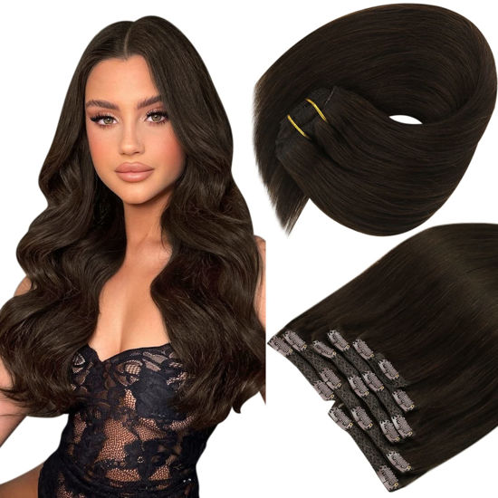 Picture of Sunny Dark Brown Clip In Hair Extensions Real Human Hair #2 Dark Brown Clip in Real Hair Extensions Human Hair Invisible Clip In Brown Hair Extensions Remy Hair 120G 18Inch 7Pcs