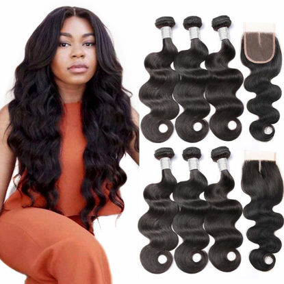 Picture of Beauty Princess Body Wave Human Hair 3 Bundles with Closure Double Weft 10A Brazilian Hair Bundles With Closure (14/16/18+12Inch, 3 Bundles with closure)