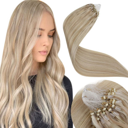 Picture of LAAVOO 24inch Micro Ring Hair Extensions Human Hair Ash Blonde Highlight Bleach Blonde Micro Loop Hair Extensions Natural Microbead Real Hair Extensions 50g 50s