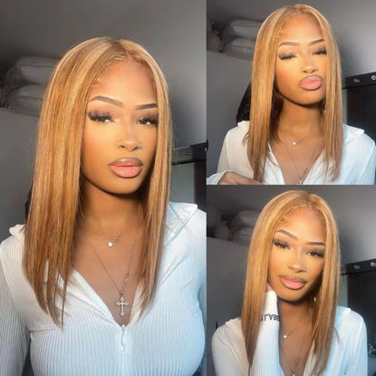 Picture of UCUVIC 16 Inch Highlight Ombre Lace Front Wig Human Hair Glueless Bob Wigs Human Hair Pre Plucked, 4/27 Highlighted Honey Blonde HD Lace Front Wigs Human Hair Wigs For Black Women 180 Density