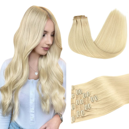 Picture of Seamless Clip in Hair Extensions, Bleach Blonde 16 Inch 7pcs 110g, DOORES Human Hair Extensions Remy Clip in Hair Extensions with Thin Weft Straight Remy Thick Hair