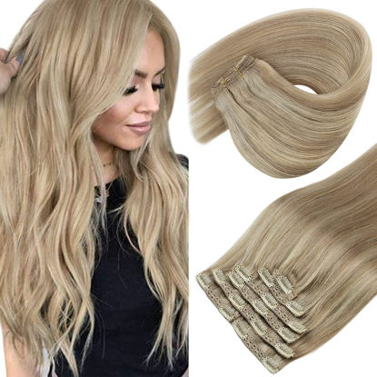 Picture of Sunny Clip in Human Hair Extensions,Blonde Clip in Hair Extensions Light Blonde Highlighted Golden Blonde Hair Extensions Real Human Hair Blonde Highlights 120g 20inch