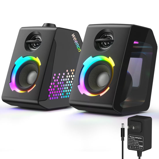Picture of weenon Computer Speakers,24W Stereo HiFi PC Speakers with Subwoofer Bluetooth, Dynamic RGB Gaming PC Computer Speaker for Desktop PC Monitor, Laptop, 3.5mm AUX-in, USB, 12V Powered,6 LED Modes