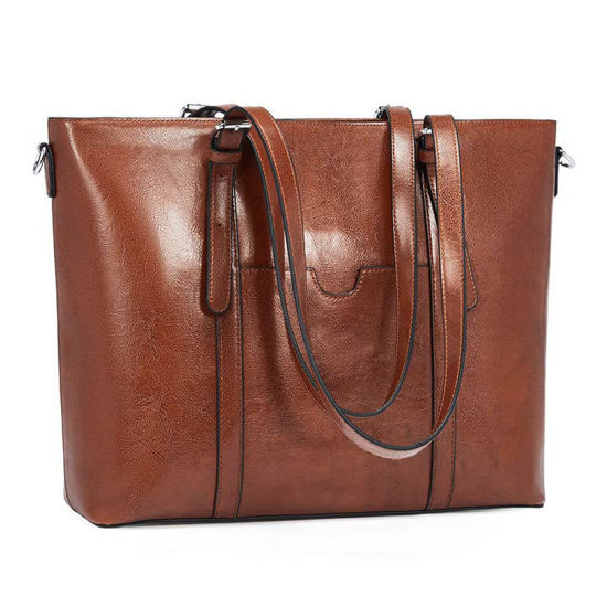 Picture of BROMEN Women Briefcase 15.6 inch Laptop Tote Bag Vintage Leather Handbags Shoulder Work Purses Oil Wax Brown