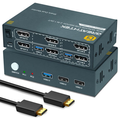 Picture of USB 3.0 KVM Switch Dual Monitor DisplayPort 4K@60Hz, 2 Port DP KVM Switch 2 Monitors 2 Computers with USB 3.0 Port, Support Button Switch 2 PCs Share USB Devices, with 4 DP Cables and 2 USB3.0 Cables