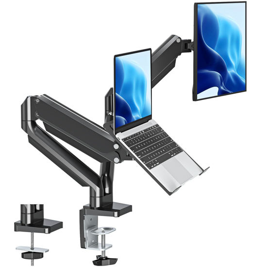 Picture of MOUNTUP Monitor and Laptop Mount Holds 3.3-17.6lbs, Adjustable Gas Spring Arms Mount Fits 13 to 17 inch Laptop and up to 32 inch Monitor with C-Clamp and Grommet Base with VESA 75x75/100x100
