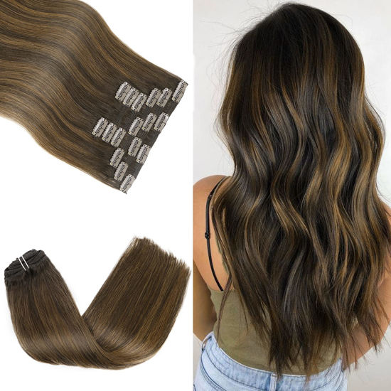 Picture of Hair Extensions Clip Ins 18 Inch Real Human Hair Extensions Dark Brown Mix with Medium Brown remy hair extensions 120grams 7pcs Silky Straight Human Hair No Tangling No Shedding Hair