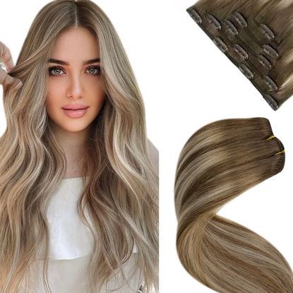 Picture of LAAVOO Real Hair Extensions Clip in Human Hair 20 Inch 5pcs/80g Balayage Ombre Light Brown Fading to Platinum Blonde Clip in Human Hair Extensions for Women Silky Straight