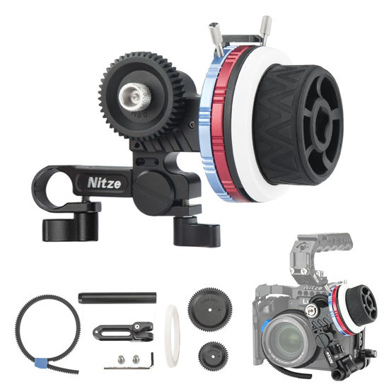 Picture of Nitze Mini Follow Focus Kit with 3 Reversible Drive Gears, 2 Marking Disks, Gear Ring Belt, 15mm Rod and 15mm Rod Clamp with NATO Rail, Support A/B Hard Stops and 360° Infinity Zoom - MF15C