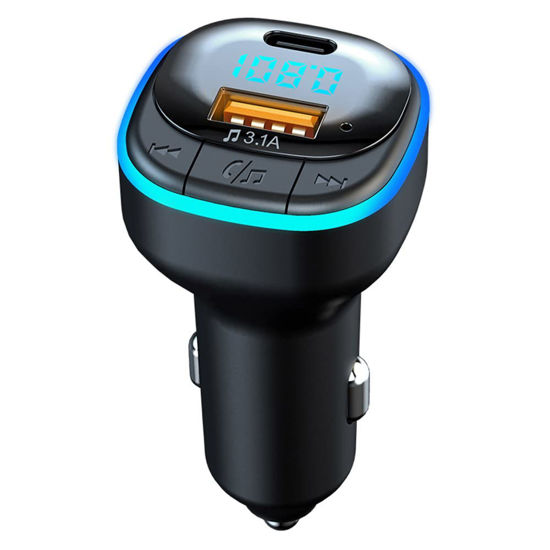 Picture of OHITEC Bluetooth 5.0 FM Transmitter for Car, Hands Free Calling, Built-in Over-Current Protection, 5V/3.1A Quick Charger & Blue Colors LED Backlit Car Radio Bluetooth Adapter, Support USB Disk (C33)