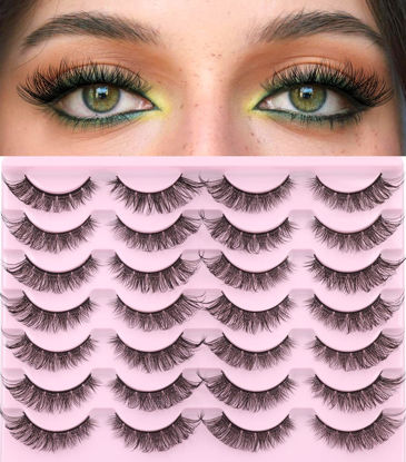 Picture of Natural Lashes Wispy Faux Mink Lashes Natural Look Cat Eye False Eyelashes Cluster Strip Lashes 16mm Short Eye Lashes Pack 14 Pairs