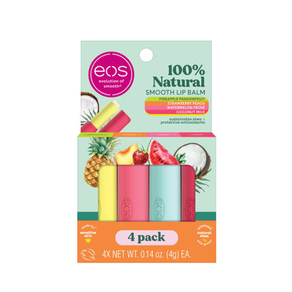 Picture of eos 100% Natural Variety Pack Lip Balm Sticks, Coconut Milk, Watermelon Frose, Pineapple Passionfruit, & Strawberry Peach, Lip Care, Pack of 4