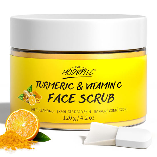 Picture of Vitamin C and Turmeric Face Scrub Cream Organics Microdermabrasion Facial Scrub Exfoliating Clears Blackheads Improve Dark Spot Acne with Strawberry Extract Exfoliator