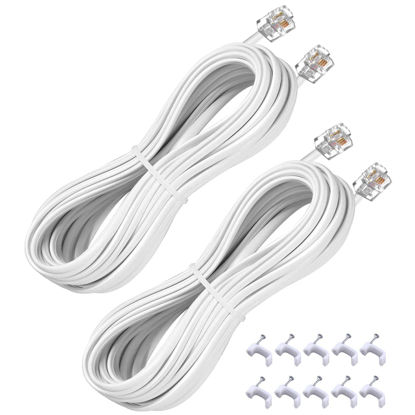 Picture of 15FT Telephone Extension Cord Cable, Landline Phone Line Wire with RJ11 6P4C Plugs, Includes Cable Clips - White - 2 Pack