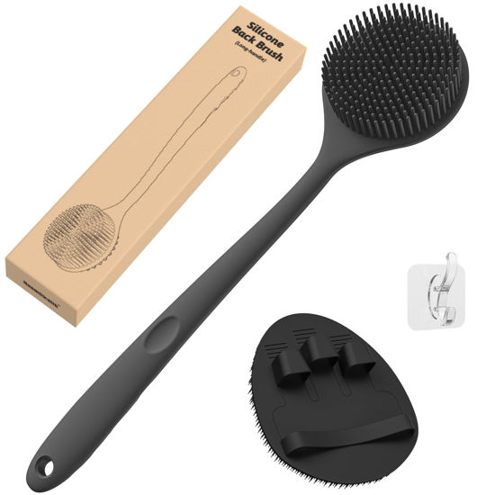 Picture of Manmihealth Silicone Back Scrubber(Thin Bristles) & Soft Bath Glove Set, Super-Cleaning Body Scrubber & Super-Lathering Shower Brush Combination, with a Free Hook. (Black)