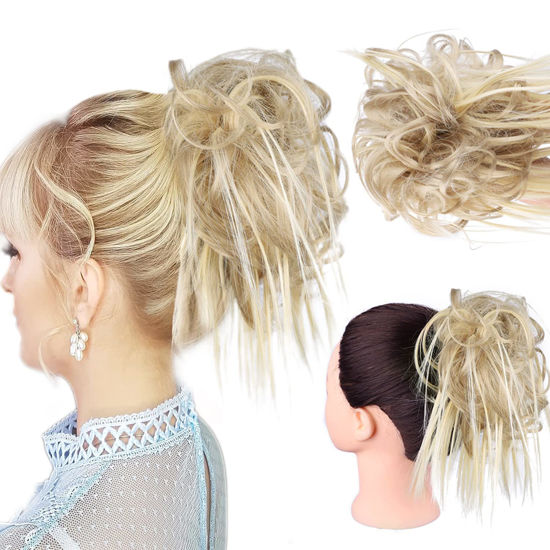 Picture of HMD Tousled Updo Messy Bun Hair Piece Hair Extension Ponytail With Elastic Rubber Band Updo Extensions Hairpiece Synthetic Hair Extensions Scrunchies Ponytail Hairpieces for Women(Tousled Updo Bun, 85H88# (Ash Blonde & Bleach Blonde）)