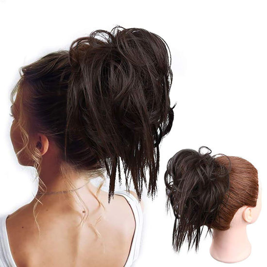 Picture of HMD Tousled Updo Messy Bun Hair Piece Hair Extension Ponytail With Elastic Rubber Band Updo Extensions Hairpiece Synthetic Hair Extensions Scrunchies Ponytail Hairpieces for Women(Tousled Updo Bun, Dark Brown)