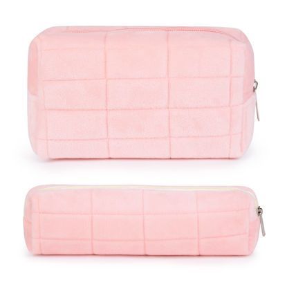 Picture of SOIDRAM Makeup Bag Checkered Cosmetic Bag Plush Pink Makeup Pouch 1Pcs Large Capacity Makeup Bags and 1Pcs Makeup Brushes Storage Bag Travel Toiletry Bag Organizer