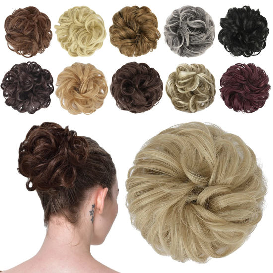 Picture of FESHFEN Messy Bun Hair Piece Hair Bun Scrunchies Synthetic Pale Ash Blonde Wavy Curly Chignon Ponytail Hair Extensions Thick Updo Hairpieces for Women Girls 1PCS