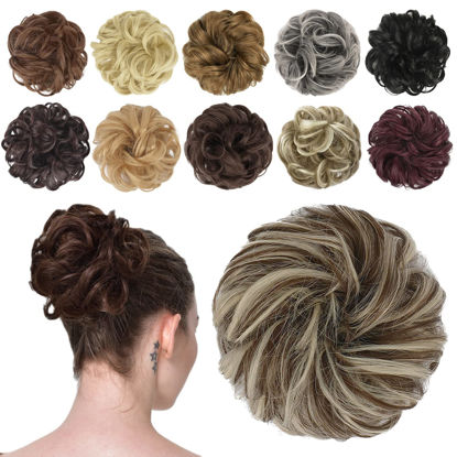 Picture of FESHFEN Messy Bun Hair Piece Hair Bun Scrunchies Synthetic Wavy Chignon Ponytail Hair Extensions Thick Updo Hairpieces for Women Girls 1PCS, Brown & Bleach Blonde