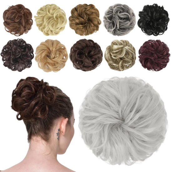 Picture of FESHFEN Messy Bun Hair Piece Hair Bun Scrunchies Synthetic Light Silver Grey Wavy Chignon Ponytail Hair Piece Thick Updo Hairpieces for Women Girls 1PCS