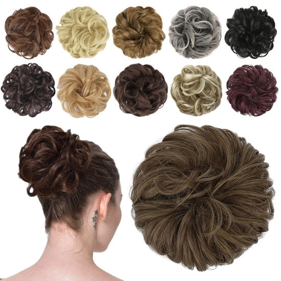 Picture of FESHFEN Messy Bun Hair Piece Hair Bun Scrunchies Dirty Brown Synthetic Wavy Chignon Ponytail Hair Extensions Thick Updo Hairpieces for Women Girls 1PCS